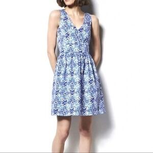 MILLY Blue White Tile Print Sleeveless V Neck Fit Flare Dress Size‎ 8
